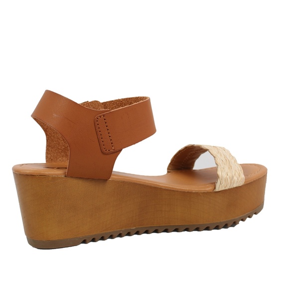 Tan Open Toe Raffia Straw Ankle Strap Flatform Wed - Picture 4 of 6